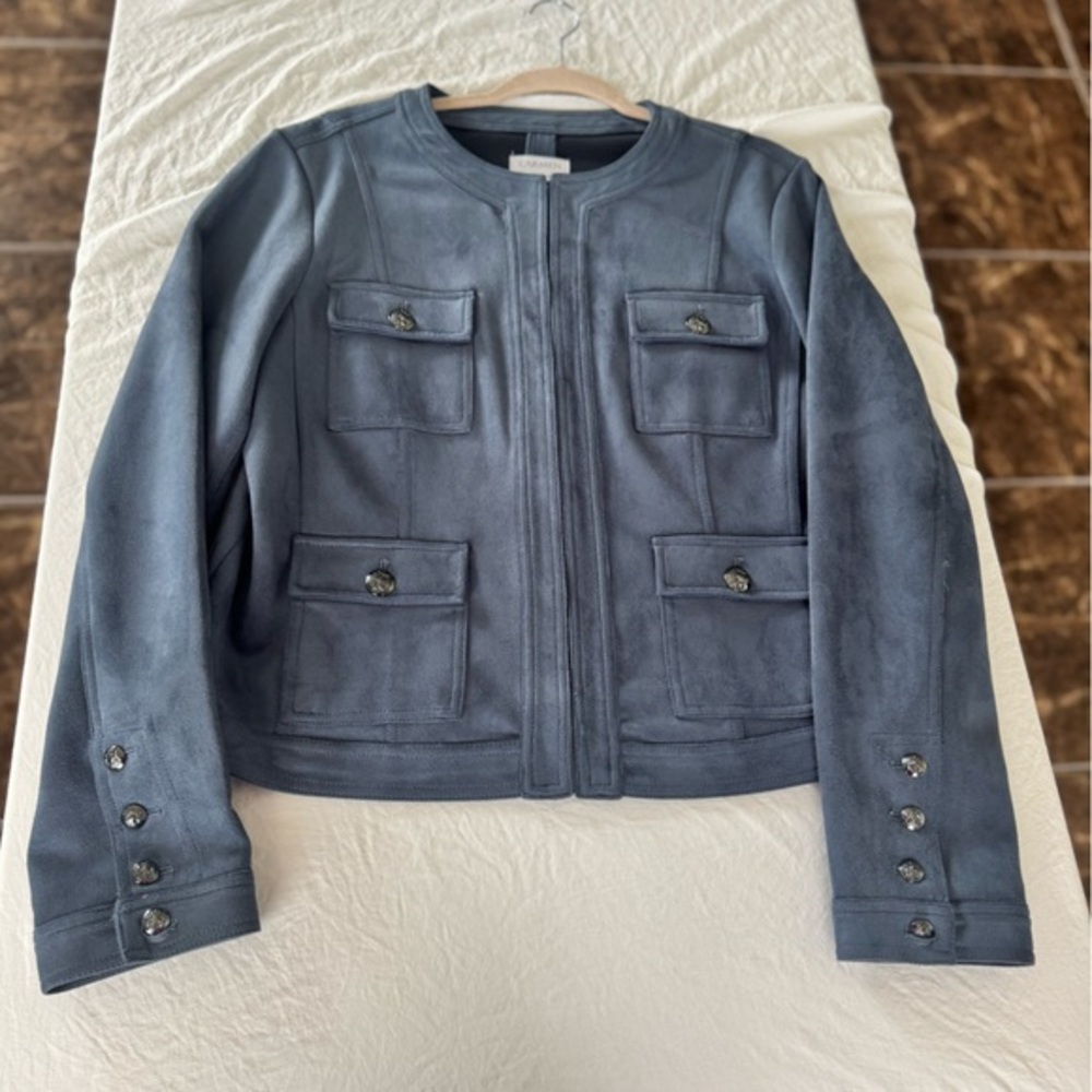 Carmen Marc Valvo Women's Blue Gray Faux Suede Jacket Size Large